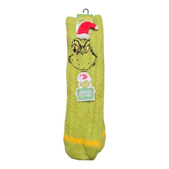 Dr Seuss Grinch Adult Sherpa Lined Grinch Santa Hat Sweater Knit Slipper Socks - Picture 3 of 16